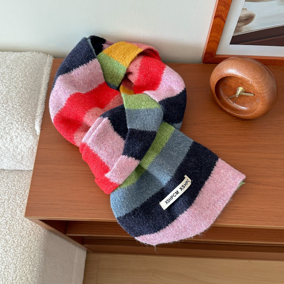 Wool Scarf Men - Unisex regenboog wollen gebreide sjaal, winterse